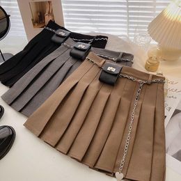 Skirts Ashgaily 2023 Pleated Skirt With Belt High Waist Stitching Fashion Women Zipper Sequined Sashes Mini Bag