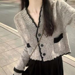Women's Two Piece Pants 2023 Spring Sweater Women's Color-block Jacket Loose Casual Knitted Small Cardigan