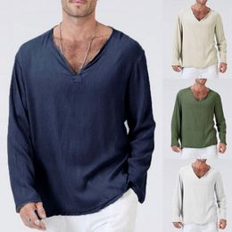 Men's T Shirts S-4XL Linen Cotton Long Sleeve V Neck Full Sleeves Tops Men Gothic Hippie Clothing Loose Male Clothes