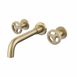 Bathroom Sink Faucets 59# Brass Bruashed Gold Basin Faucet And Cold Mixer Taps Industrial Style Double Handle Three Hole Wall Mounted