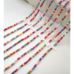 Choker Korea Candy Colour Beaded Shell Letter Necklace For Women Handmade Turquoise Bead Natural Initial Necklaces Holiday Jewellery