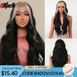 Long Black Synthetic Hair Wigs With Blonde Bangs Natural Wave for Women Halloween Cosplay Costume Wig Heat Resistant Party Usefa