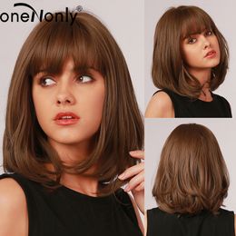 Short Bobo Ombre Brown Synthetic Wigs with Bangs Layered Hairstyle for White Black Women Natural Hair Heat Resistantfactory dir