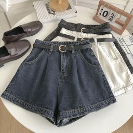 Women's Shorts Woman Denim With Belt 2023 Summer Large Size Jeans Short Streetwear Mujer Femme A-Line Pants Blue White S-5XL