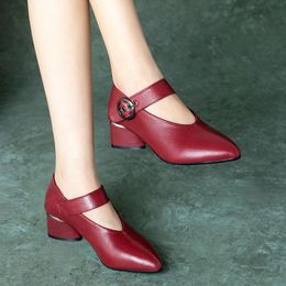 Dress Shoes Soft Leather Woman 2023 Mum Comfort Spring Heels Pointed Toe Ankle Buckle Strap Female Footware BLACK.WINE-RED Dropship