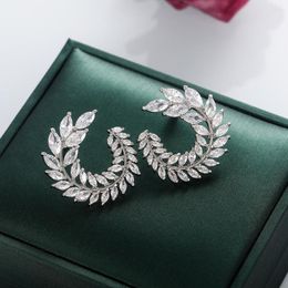 Stud Earrings Design Sparkly Olive Branch Leaf Shape Marquise Cut Big 5a Zircon For Women Shine Fine 925 Silver Jewellery