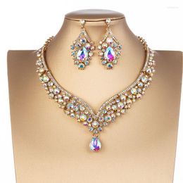 Necklace Earrings Set & European And American Fashion Alloy Diamond Water Drop Bride Wedding Jewelry Half22