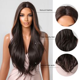 Dark Brown Synthetic Wigs for Women Long Body Wavy Hairline Lace Wig Natural Hair with Golden Highlights Middle Part Daily Usefa