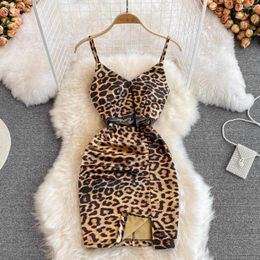 Casual Dresses Fashion Slim Tassel Hollowed Out V-neck Sleeveless Leopard Print Dress Women Low Chest Sexy Backless High Waist Split Hip