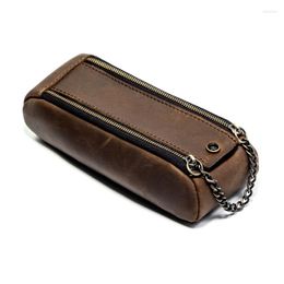 Dual Zipper Pencil Bag For School Work Office Leather Vintage Creative- Stationary Pen Pouch Holder Large Capacity W3JD