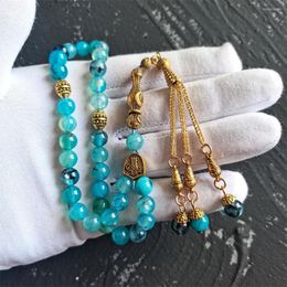 Strand Islamic Misbaha Rosary Natural Blue Agate Stone Muslim Tasbih Prayer Beads Ramadan Gifts