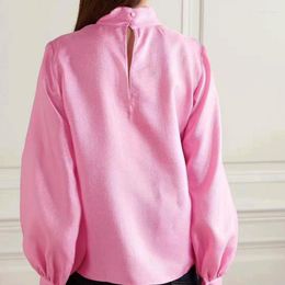 Women's Blouses 2023 Spring And Summer Light Pink Purple Half-high Collar Lantern Sleeve Top Long-sleeved Shirt Women