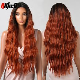 Long Red Brown Lace Front Synthetic Wigs Body Wavy Natural Hair Lace Ombre Wig Middle Part for Women Cosplay Heat Resistantfact