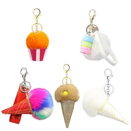Keychains Multi-color Pompom Hair Ball Keychain Gift Pendant Macaron Cone Cake Shape Creative Key Chain Ring Accessories