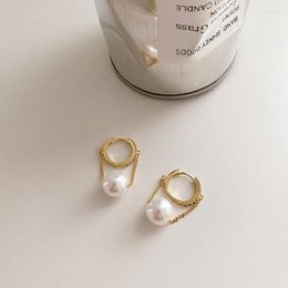 Hoop Earrings WTLTC Vintage Small Pearl CZ For Women Retro Chain Link Circle Drop Ball With Charm