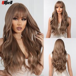 Long Light Brown Synthetic Wigs with Fluffy Bangs for Black Women Loose Wavy Daily Cosplay Wig Natural Hair Heat Resistant Fiber