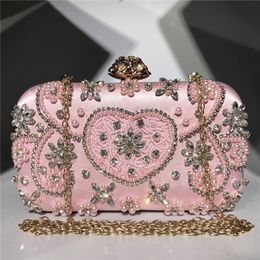 Vintage Satin pink evening clutch purse with Metal Flower, Rhinestone Chain, and Diamonds - Luxury Clutch for Women - Black