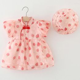 Girl Dresses 2Piece 2023 Summer Toddler Girls Clothes Cartoon Cute Strawberry Mesh Short Sleeve Baby Princess Dress Hats BC2308-1