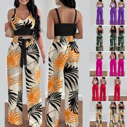 Women's Two Piece Pants Sets Womens Outifits Summer Fashion Printed Suspenders V Neck Sleeveless Crop Top & Casual Wide-Leg Trousers