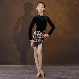 Stage Wear Latin Dance Dress For Girls Black Velvet Latino Dancing Skirt Kids Tassel Children Fringe Samba Rumba Costume 6749