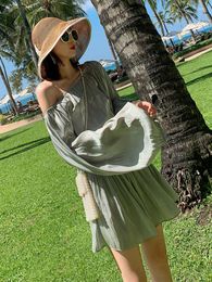 Casual Dresses Thailand Seaside Resort Mint Green Skirt Pants One Shoulder Fairy Two Piece Dress Suit