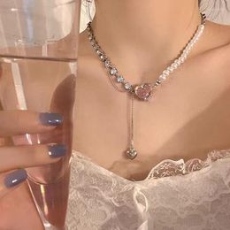 Chains Trend Elegant Pearl Necklace For Women Girl Colorful Zircon Sparkling Rhinestones Heart-shaped Clavicle Chain Party Gifts