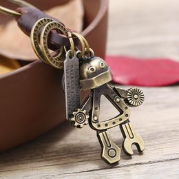 Keychains 2023 Fashion Vintage Braided Cowhide Keychain Simple Personality Cute Robot Pendant Car Key Small Gift