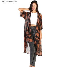 Women's Blouses Shirts Fashion Holiday Style Sun Moon Print Women Summer Kimono Blouse Chiffon Cardigan Beach Outwear Female Shirt Long Tops 230428