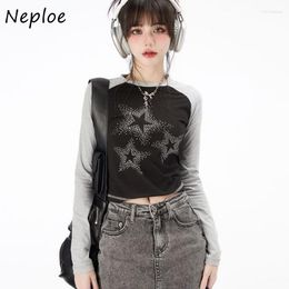 Women's T Shirts Neploe Sparkling Planet Color-Blocking Long Sleeve O-Neck T-Shirt Y2K Fairycore E-Girls Top Stars Harajuku Streetwear 2000S