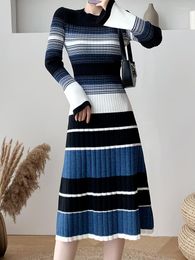 Casual Dresses QOERLIN 2023 Autumn Winter Korean Temperament Mid-Length Sweater Dress Striped Long Sleeve Texture High Waist Knitted