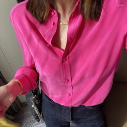 Women's Blouses Silk Long Sleeve Shirt French Elegant Solid Satin Femme Blouse Simple Style Tops Button Up OL Office