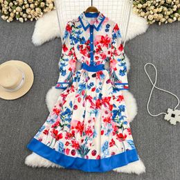 Casual Dresses Women's Elegant Blue Floral Long Sleeve Shirt Dress Spring Autumn Single Breasted A Line Lady Holiday Vestido