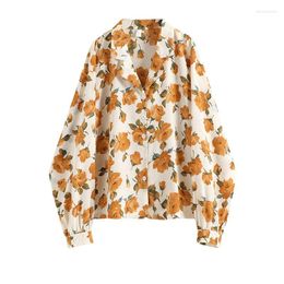 Women's Blouses Flower Printed Chiffon Women Shirts Spring 2023 Turn-Down Collar Bat-Wing Sleeved Loose Office Lady Elegant Outwear Tops