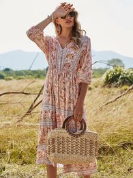 Casual Dresses Bohemian Ruffles Long Sleeve Mini Dress Women's Summer Holiday Beach Party Ethnic Print Pleated Kaftan Tunic Sundress Ves