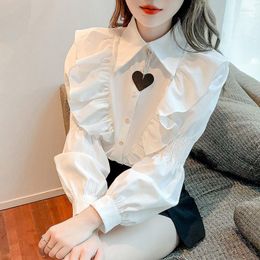 Women's Blouses & Shirts Gentle Ruffled Butterfly Blusas Femininas Elegantes Turn Down Collar Tops Mujer Balloon Sleeve White Shirt Camisas