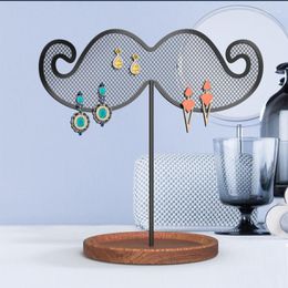 Jewellery Pouches Beard Shape Organiser Net Grid Metal Display Holder Earring Rack With Wood Tray For Tabletop Home Use