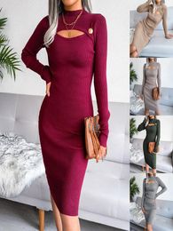Casual Dresses Black Ribbed Knit Mini Dress Women Autumn Winter Sexy Hollow Out Long Sleeve Basic Sweater Lady Knee-Length
