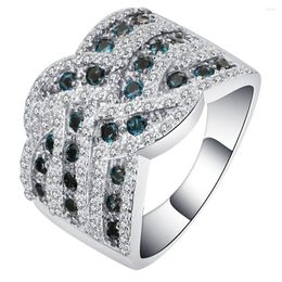 Wedding Rings UFOORO Blue And White Zircon Pave Cross Design Silver Colour Amazing Round Engagement Bands For Men