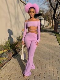 Women's Two Piece Pants Habbris Summer Purple 2 Sets Womens 2023 Outifits Bandage Long Sleeve Cami Strap Crop Top Sexy Outfits Female