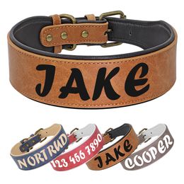 Dog Collars Leashes Personalised Leather Dog Collar Necklace Wide Padded Pet ID Collars Free Print Dogs Name Collars for Medium Large Dogs Bulldog 230428