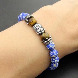 Strand 8MM Natural Stone Map Beaded Bracelet For Mens Women Girls Stainless Steel Crown Buddha Adjustable Jewelry Gift