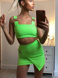 Work Dresses Sanches Green Square Collar Crop Top And High Waist Mini Skirts Womens Suit 2023 Summer Two Piece Set Y2K Party Club Women