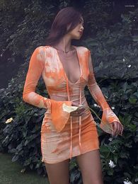 Casual Dresses 2023 Spring And Summer Style Abstract Print Trumpet Sleeve Bandage Mini Sexy V Neck Party For Women A2401