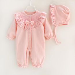 Clothing Sets Born Spring Autumn Baby Romper Hat 2pcs Clothes 0-12 Month Long Sleeve Bow Decor Kids Girl Jumpsuit Birthday Overalls