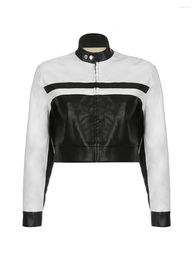Women's Jackets Women Faux Leather Motocross Racer Jacket Long Sleeve Stand Collar Zip-up Contrast Color Cool Crop Top Outwear