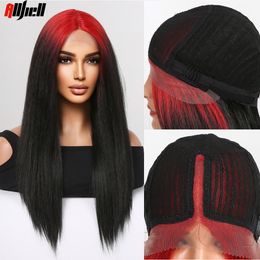 Long Straight Lace Frontal Wigs Ombre Red to Black Lace Synthetic Wig Middle Part Heat Resistant Wig for Women Daily Cosplay Use