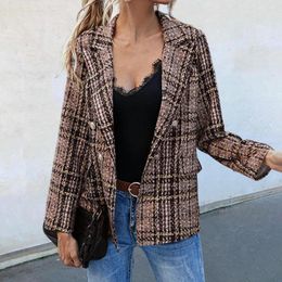 Women's Suits 2023 Spring Lady Lapel Long Sleeve Plaid Print Flap Pockets Small Suit Coat Double Breasted Female Formal Office Outerwear