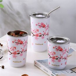 Water Bottles Stainless Steel Cherry Blossom Thermal Mug with Lid Double Wall Coffee LeakProof Water Cup Travel Camping Tea Tumbler Drinkware 230428