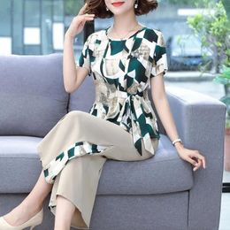 Women's Two Piece Pants Middle-aged Mother's Summer Women Chiffon Top Short-sleeved Two-piece Set Female Wide Leg Suit 2023 Loose Sets