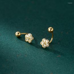 Stud Earrings 925 Sterling Silver Cubic Zirconia Flower Screw Back For Women Girls Smooth Light Bead Ear Piercing Jewellery